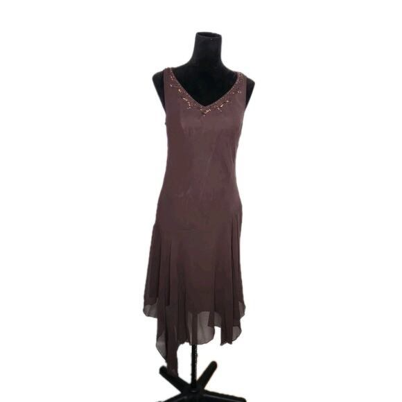 Robbie Bee Y2K 100% Silk Brown Beaded Midi Dress Asymmetrical Sz 16 Fairy Whimsy - Picture 1 of 9